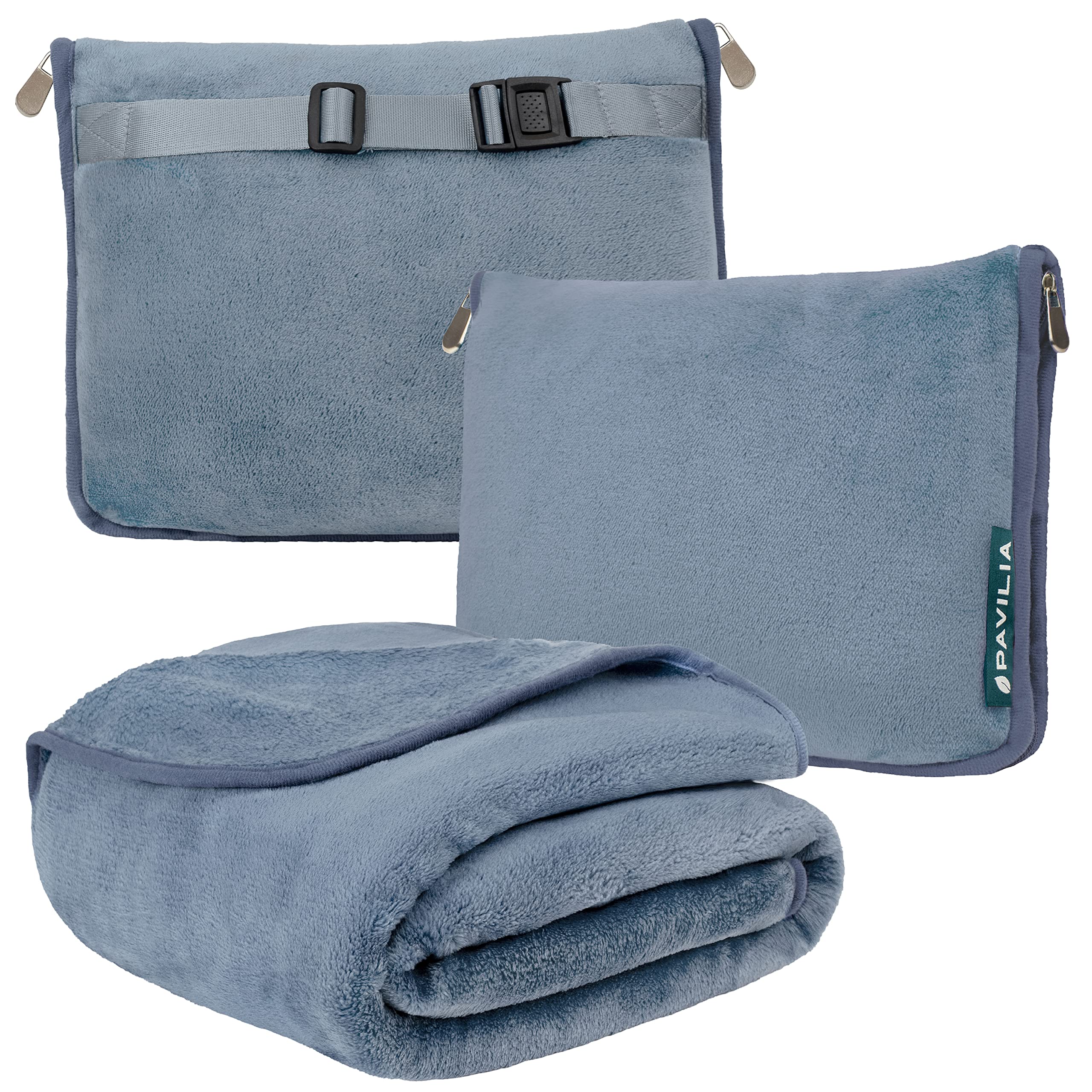 Photo 1 of PAVILIA Travel Blanket Pillow, Soft Airplane Blanket 2-IN-1 Combo Set, Plane Blanket Compact Packable, Flight Essentials Car Pillow, Travelers Gift Accessories Luggage Backpack Strap, 60x43 Slate Blue