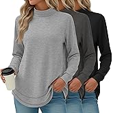 Oakgarden 3 Pack Women's Turtleneck Sweatshirts, Long Sleeve Cotton Shirts Curved Hem Pullover Tees Tunic Casual Winter Tops