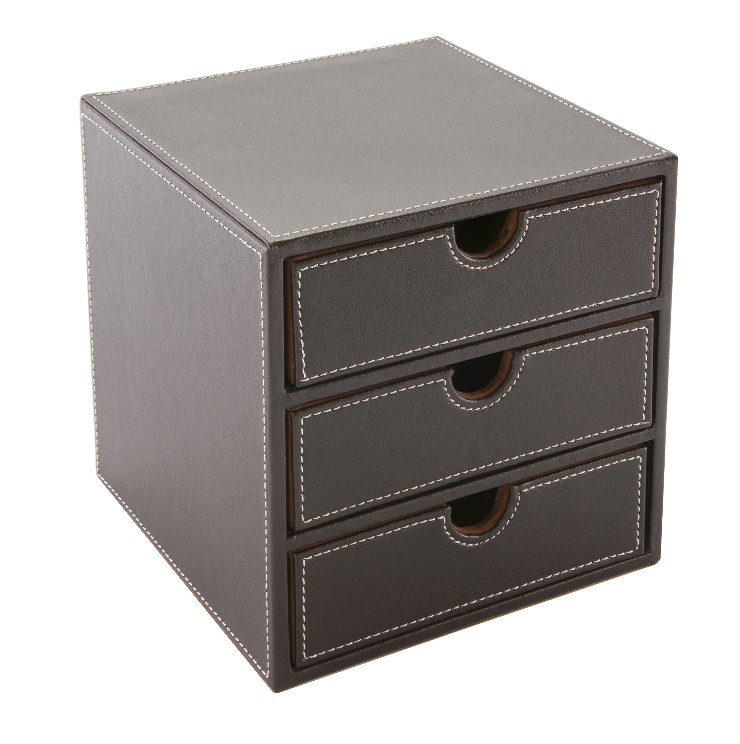 Osco Faux Leather 3-Drawer Desktop Storage Cube, Compact Desk Organiser, Stationery & Makeup Drawer Chest for Home Office, Jewellery, Small Items, Brown