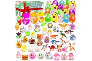 RICCLE 60 PCs Prefilled Easter Eggs With Toys Inside, Printed Easter Eggs Filled, Plastic Easter Eggs Fillers, Squishy Toys, Cars, Dinosaur Toys, Easter Basket Stuffers Easter Egg Hunt Supplies