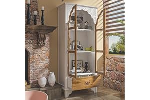 ECACAD Modern 3-Tier Storage Cabinet Bookshelf with Carved Doors, Multi-Purpose Storage Cabinet with Drawer & Shelves, Versatile Storage for Living Room, Kitchen, Home Office, White & Brown