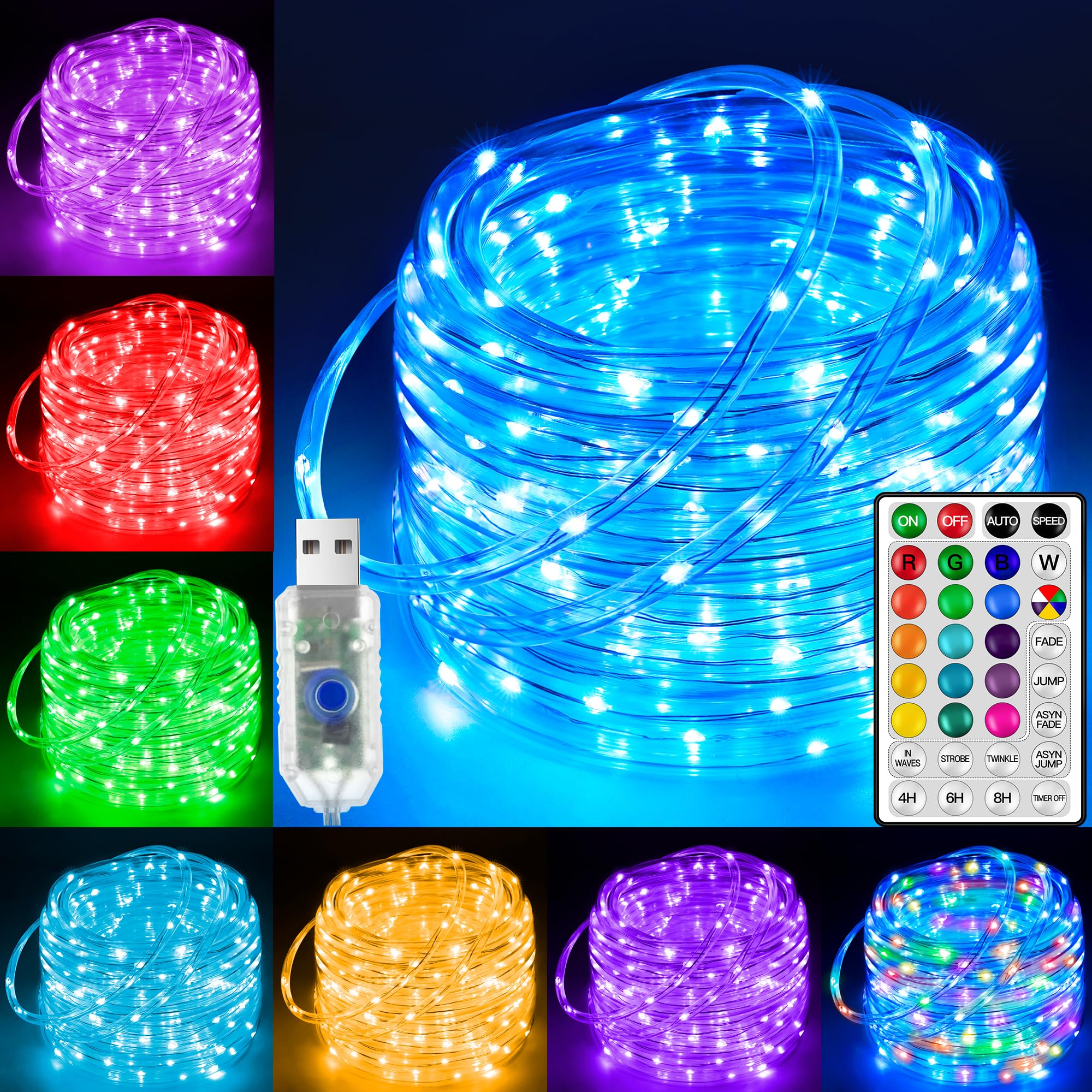 Photo 1 of Ollny USB Rope Lights Outdoor Color Changing with Remote, 33FT 100 LED Waterproof String Lights, 18 Colors Fairy Rope Light for Indoor Bedroom Party Garden Wedding Holiday Decorations