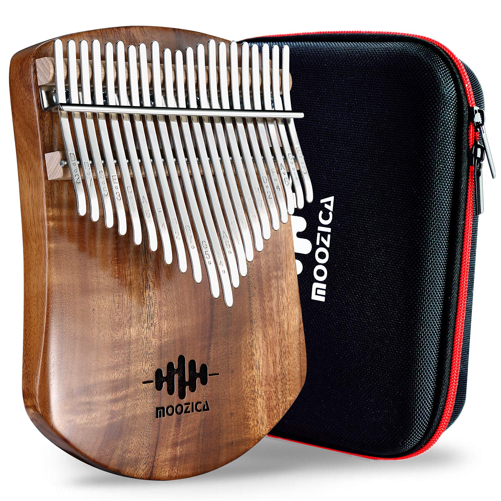 MOOZICA 21 Keys Solid Koa Kalimba, Single Solid Wood Board Professional Kalimba Thumb Piano Marimba with Learning Instruction and High Performance Carrying Case (Acacia Koa, 21-Key)