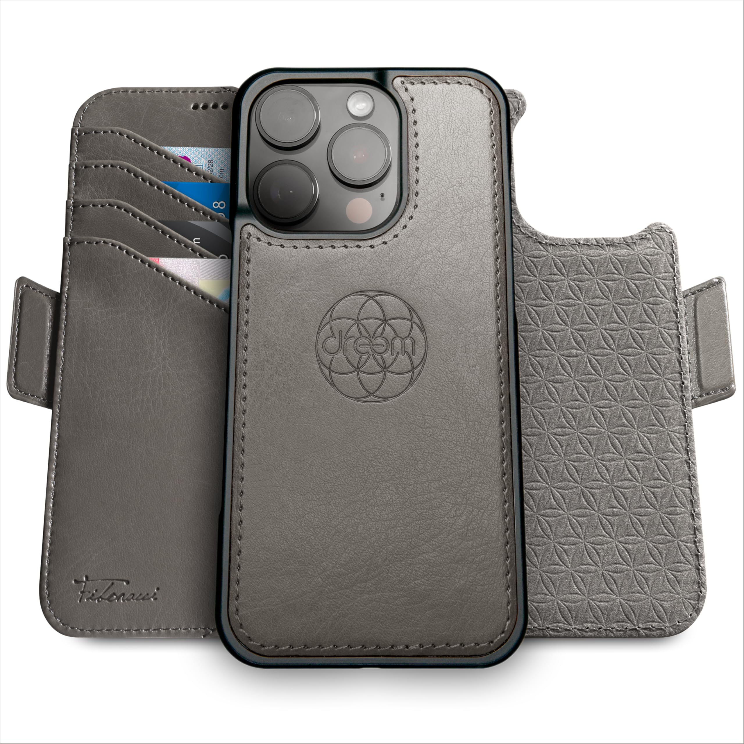 dreem Wallet Case for iPhone 16 Pro Max, Revolutionary Vert/Hor Phone Stand, Magnetic Detachable Vegan Leather Flip Cover RFID Blocking Card Holder, MagSafe-Fit, Gift Box [Fibonacci: Grey]