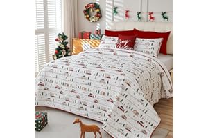 Cmfshape 3 Piece Christmas Quilt Bedspread,King Size Christmas Tree Car Themed Bedding,Reversible Comforter Coverlet with 2 Pillow Shams(102"x92")
