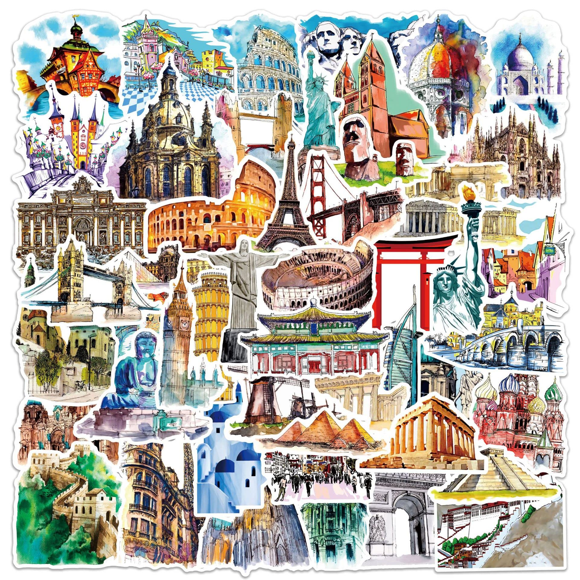 50 Pieces World Landmarks Stickers Scenic Luggage Decals,Tourism Landmark Buildings Stickers Vintage Stamp Stickers for Personalize Laptop, Guitar, Helmet, Skateboard, Luggage Graffiti Decals