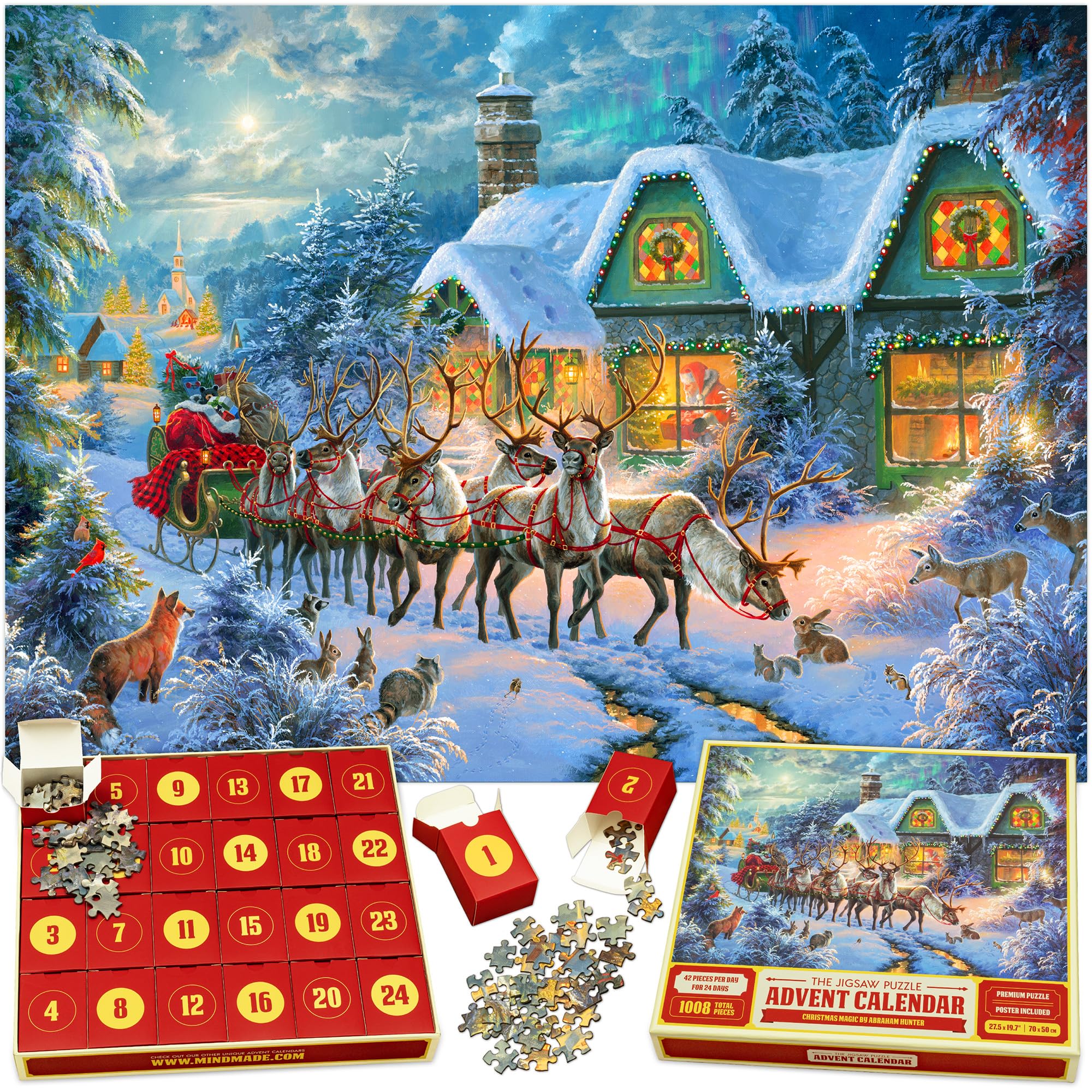 The Original Jigsaw Puzzle Advent Calendar 2024 – Christmas Magic, 24 Boxes 1008 Pieces, Xmas Holiday Countdown, Fun for Kids, Adults, Family, Official Abraham Hunter Artwork