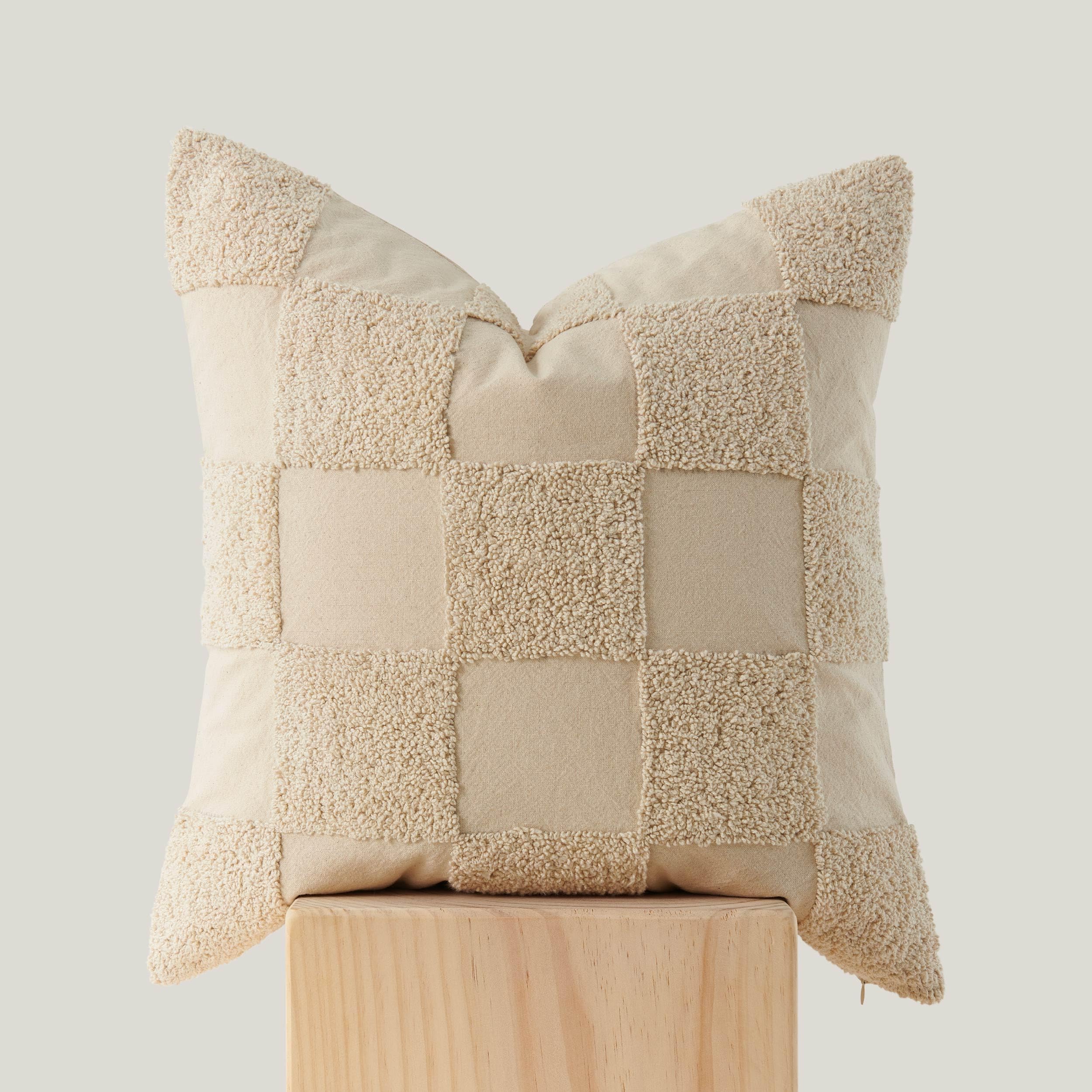 Photo 1 of Double Stitch 100% Cotton Throw Pillow Covers - Checkered Tufted Boho Decorative Pillow Covers 18x18, Made in India, Square Cushion Case, Modern Home Decor for Couch, Sofa, Living Room, Oat