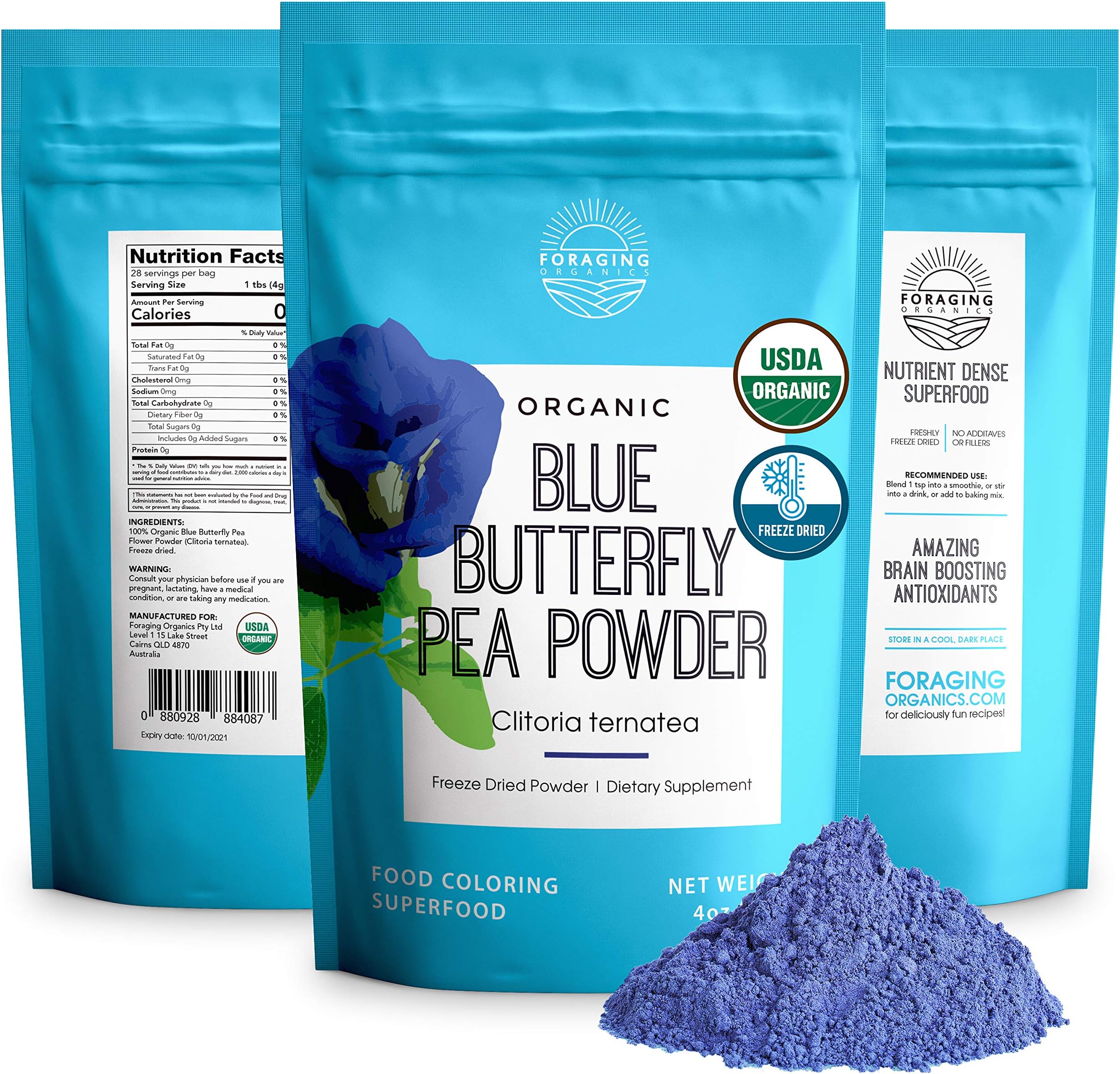 Foraging Organic Butterfly Pea Powder Flower (4 oz Large) Freeze Dried Culinary Grade Blue Natural Food Coloring
