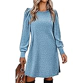 Zeagoo Women Long Sleeve Fall Dress Casual Knitted Dress Crewneck Tunic Dress Sweater Dress, Blue M