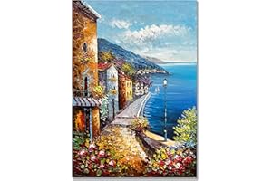 Alenoss Hand Painted Acrylic Large Abstract Modern Oil Paintings on Canvas 28x40 Inches Vertical Wall Art Mediterranean Sea Cityscape Blue Artwork Wall Decor Home Decorations