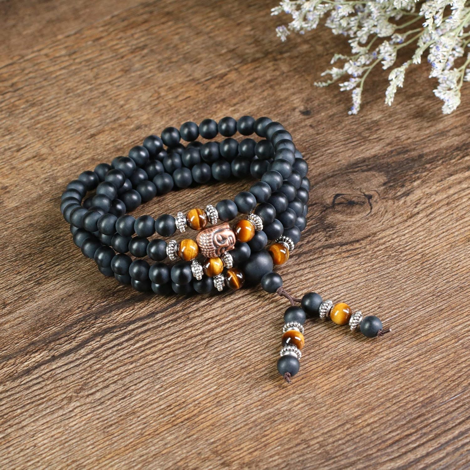 COAI 6mm 108 Mala Beads Matte Onyx Brown Tiger Eye Wrap Stones Bracelet Necklace, Matte Onyx & Tiger Eye, 5.5-6.5 inches (14-16.5 cm) - Image 4