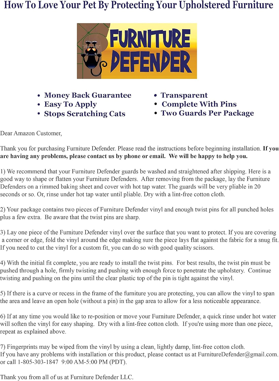 Furniture Defender Cat Scratch Deterrent is How to Love Your Pet by Protecting Your Upholstered Furniture - Stops Scratching Cats - 2 Guards Per Package - Made in USA : Pet Supplies