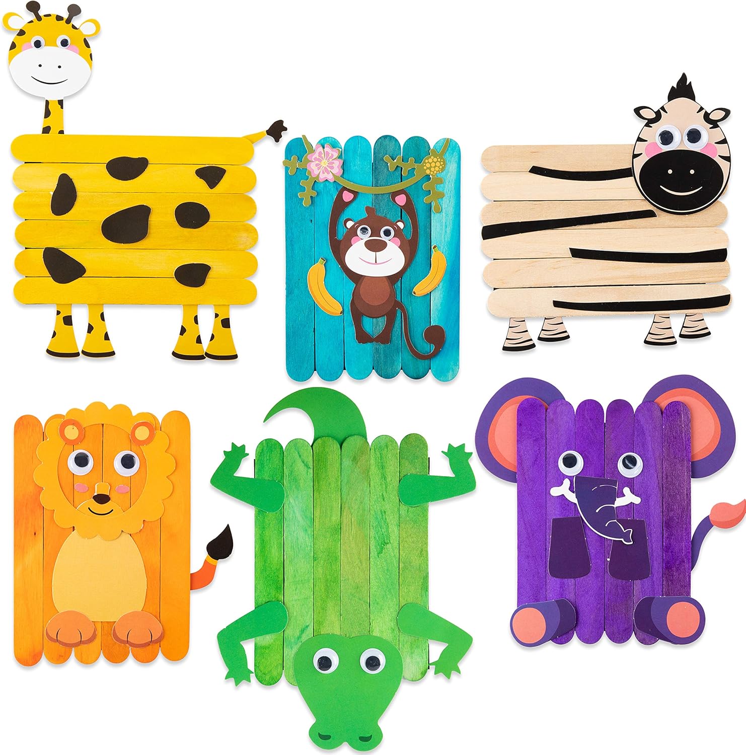 WATINC 6Pcs Safari Jungle Animals Wooden Sticks Craft Forest DIY Art Crafts Kit for Kids Creative Handmade Project Supplies with Googly Eyes Birthday Gift Home Classroom Activity Games for Boys Girls