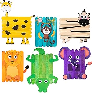 WATINC 6Pcs Safari Jungle Animals Wooden Sticks Craft Forest DIY Art Crafts Kit for Kids Creative Handmade Project Supplies with Googly Eyes Birthday Gift Home Classroom Activity Games for Boys Girls