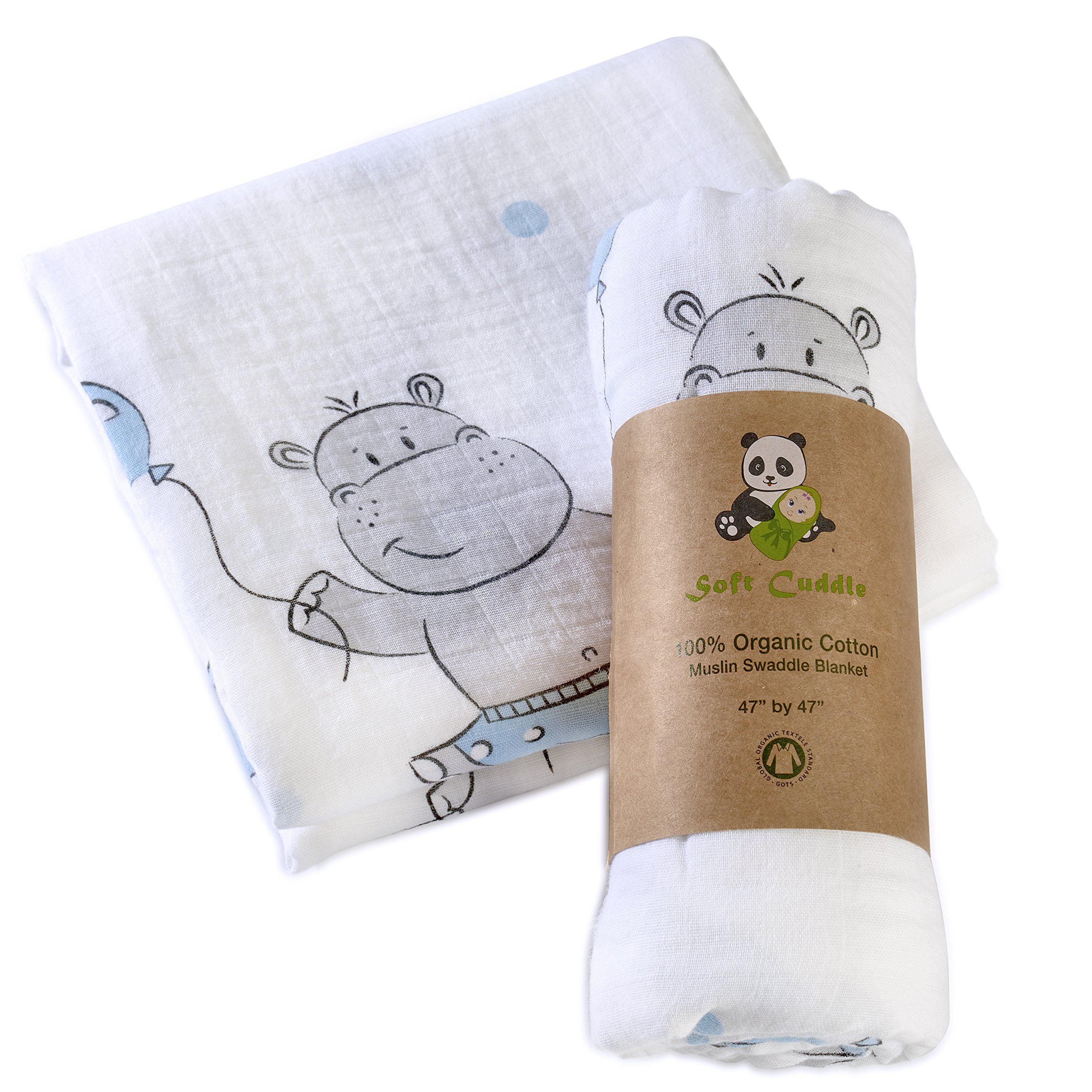 Organic Cotton Muslin Swaddle Blanket Double Layer Extra Large (Blue Hippo) by Soft Cuddle