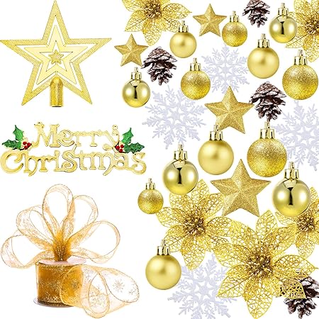 Immagini Di Palle Di Natale.Boao 72 Pezzi Ornamenti Di Palline Di Natale Decorazioni Per L Albero Di Natale A Tema Compresi I Fiocchi Di Neve Pigne Palle Di Natale Stella Nastro Fiore Dell Albero Di Natale Oro Amazon It