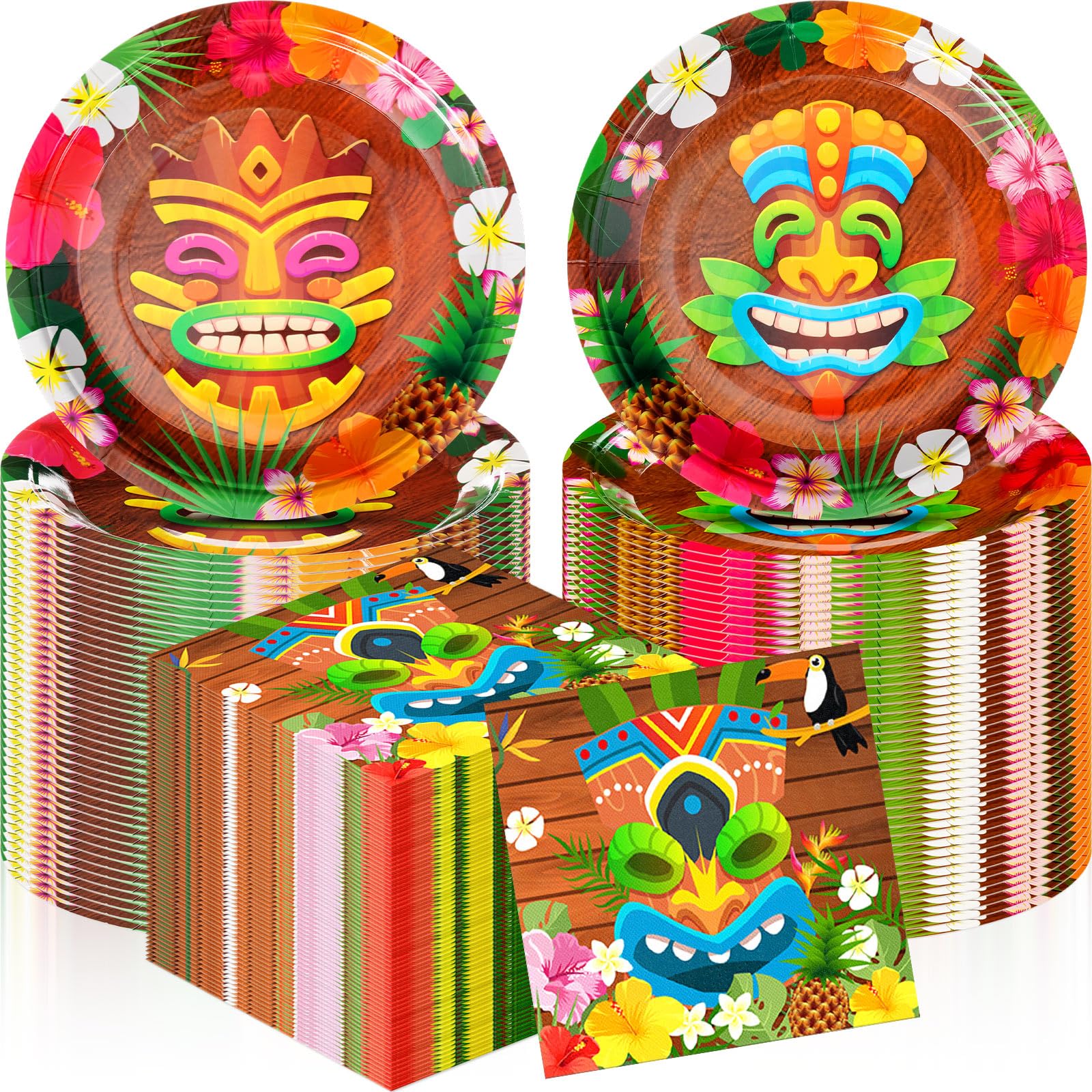 Photo 1 of Teenyyou 120 Pcs Tiki Party Disposable Paper Plates and Napkins Bulk Hawaiian Luau Decorations Tropical Tiki Plaid Plates Napkins Dinnerware Set for Aloha Summer Party