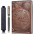 FEIDIAO Vintage Map Embossed Leather Notebook Travel Journal,A5 Writing Journal,Diary Notebook, Antique Handmade,Lined Hardcover,with Black Ballpoint Pen and Pen Sleeve,Writing Gift(Red Copper)