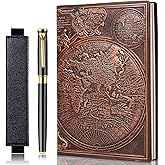 FEIDIAO Vintage Map Embossed Leather Notebook Travel Journal,A5 Writing Journal,Diary Notebook, Antique Handmade,Lined Hardcover,with Black Ballpoint Pen and Pen Sleeve,Writing Gift(Red Copper)