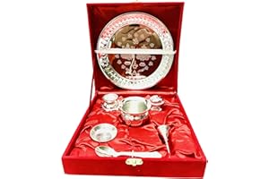Gavya International Silver Plated Pooja thali Set Karwa chauth Pooja Plate Diwali Pooja Thali Navratri Navaratri puja Plate for Aarti Housewarming Thanksgiving with Red Velvet Box thali - 8.5 inch