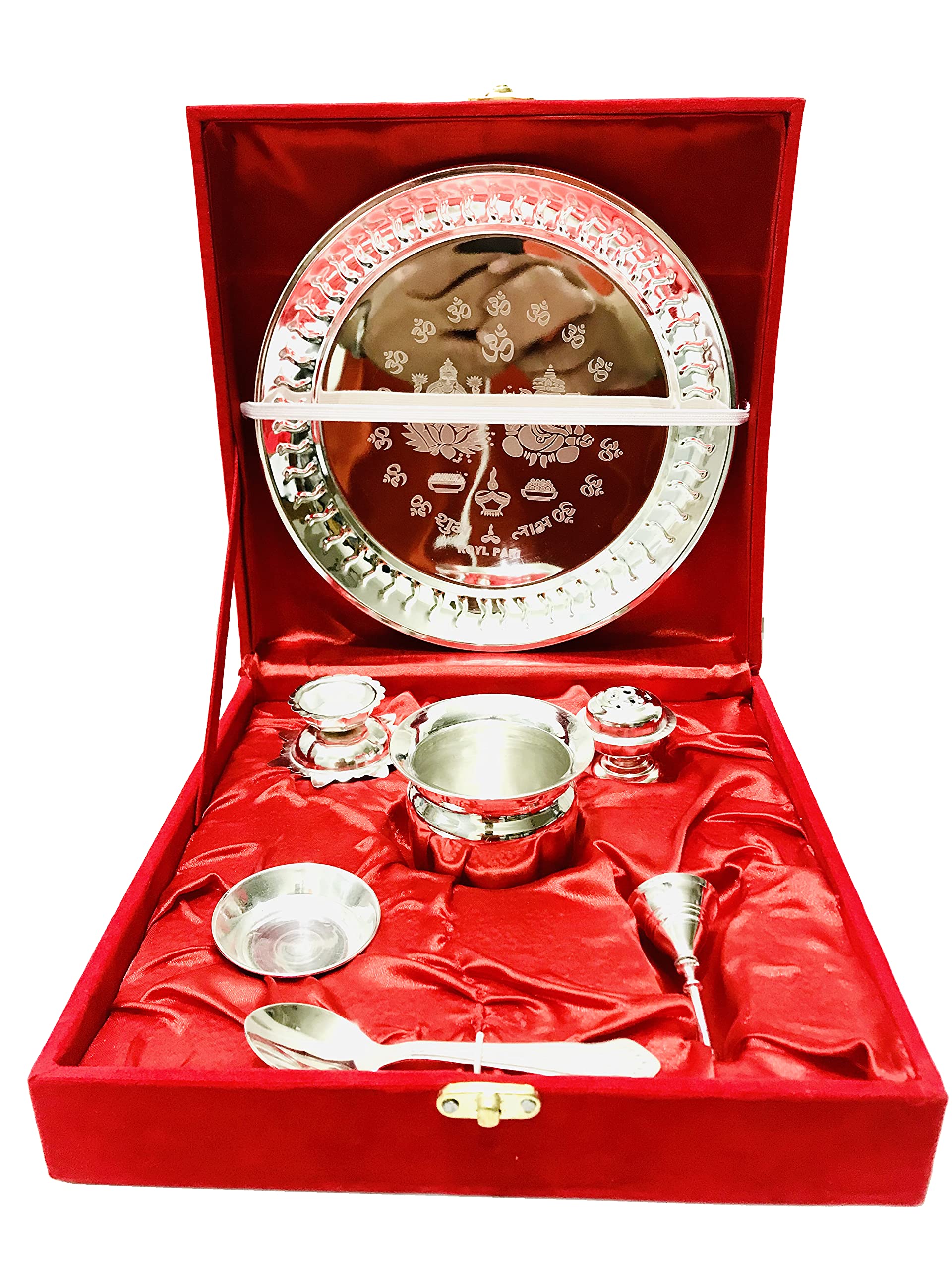 Gavya Silver Plated Pooja thali Set Indian Traditional Pooja Plate Set (Bell, Lota, Jyot) Occasional Gift Puja Thali for Diwali Aarti karwa chauth, raksha bandhan with Red Velvet Box thali - 8.5 inch