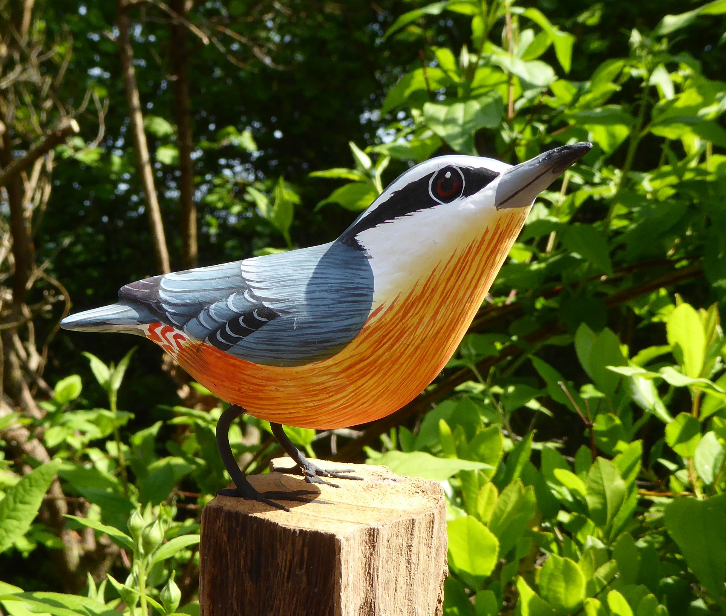Purity Style Hand Carved and Painted Wooden Nuthatch Figurine, Ornament on a Log