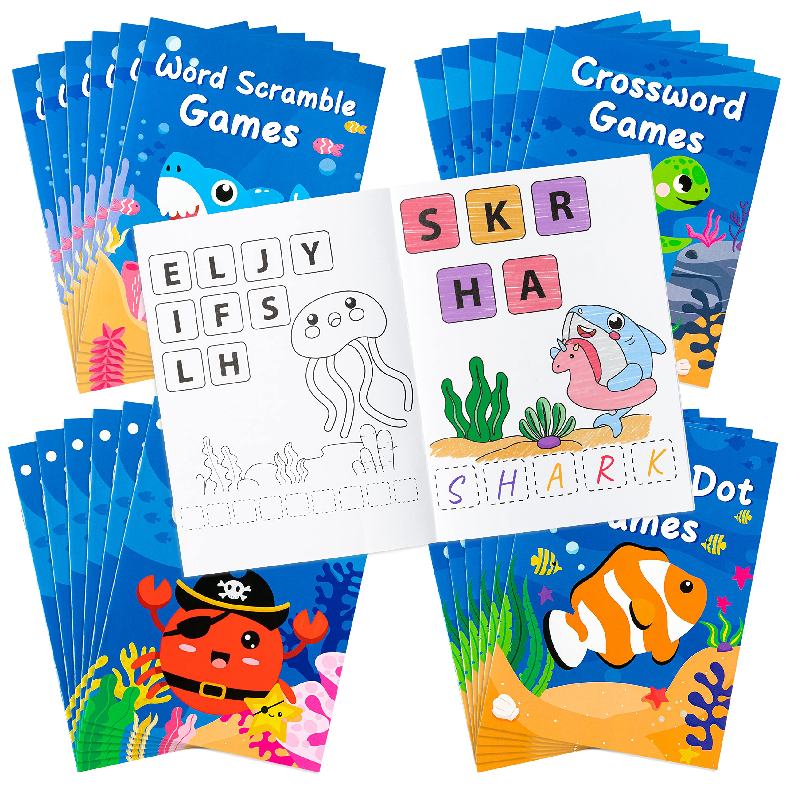 Zainpe 24Pcs Ocean Animals Coloring Game Activity Books Shark Clownfish Turtle Pattern DIY Art Drawing Book Maze Crossword Dot to Dot Color Game Booklets Party Favors Supplies Goodie Bag Gift Filler