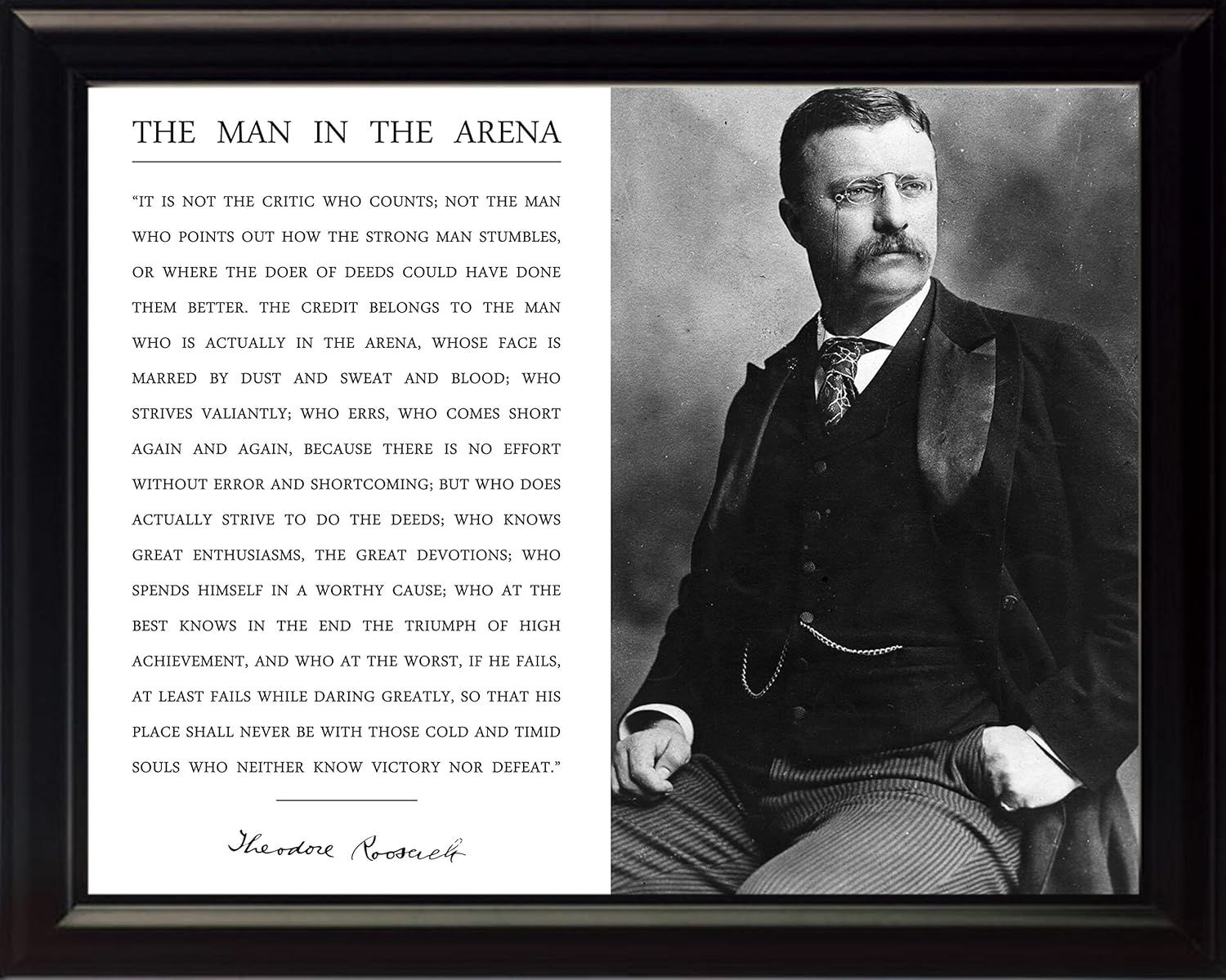 Photographs - WeSellPhotos Theodore Teddy Roosevelt The Man in The Arena Quote 8x10 Framed Picture Black and White Official Portrait