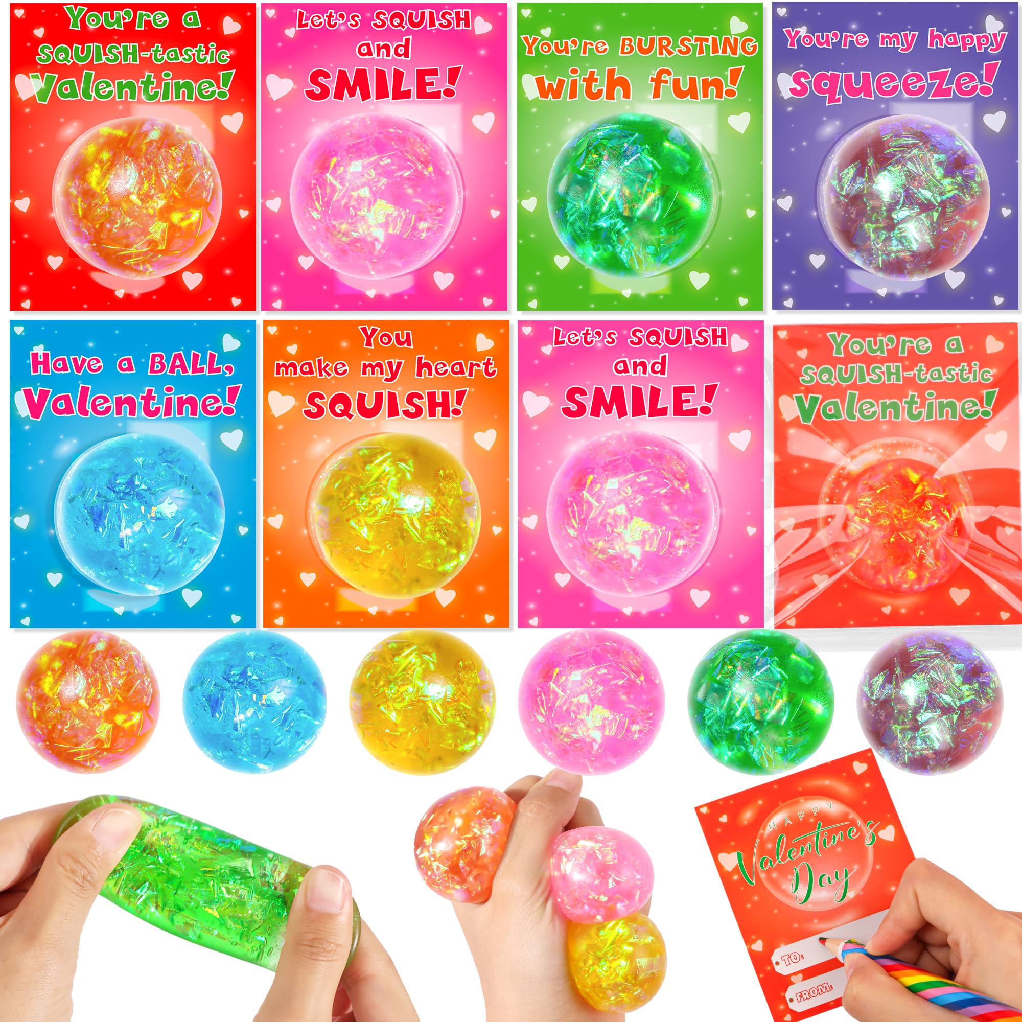 View 1 of 24 Pack Valentine Day Gifts for Kids Classroom Valentines Day Cards with Fidget Stress Balls for Kids School Stretchy Balls Squeeze Toys Valentines for Class Exchange Gifts Party Favors Boys Girls