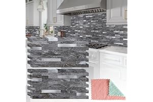 StyloVue 20 Sheets Peel and Stick Backsplash for Kitchen, Gray-Gold Stone with Metal Silver Look Stick on Tile Upgrade Your K