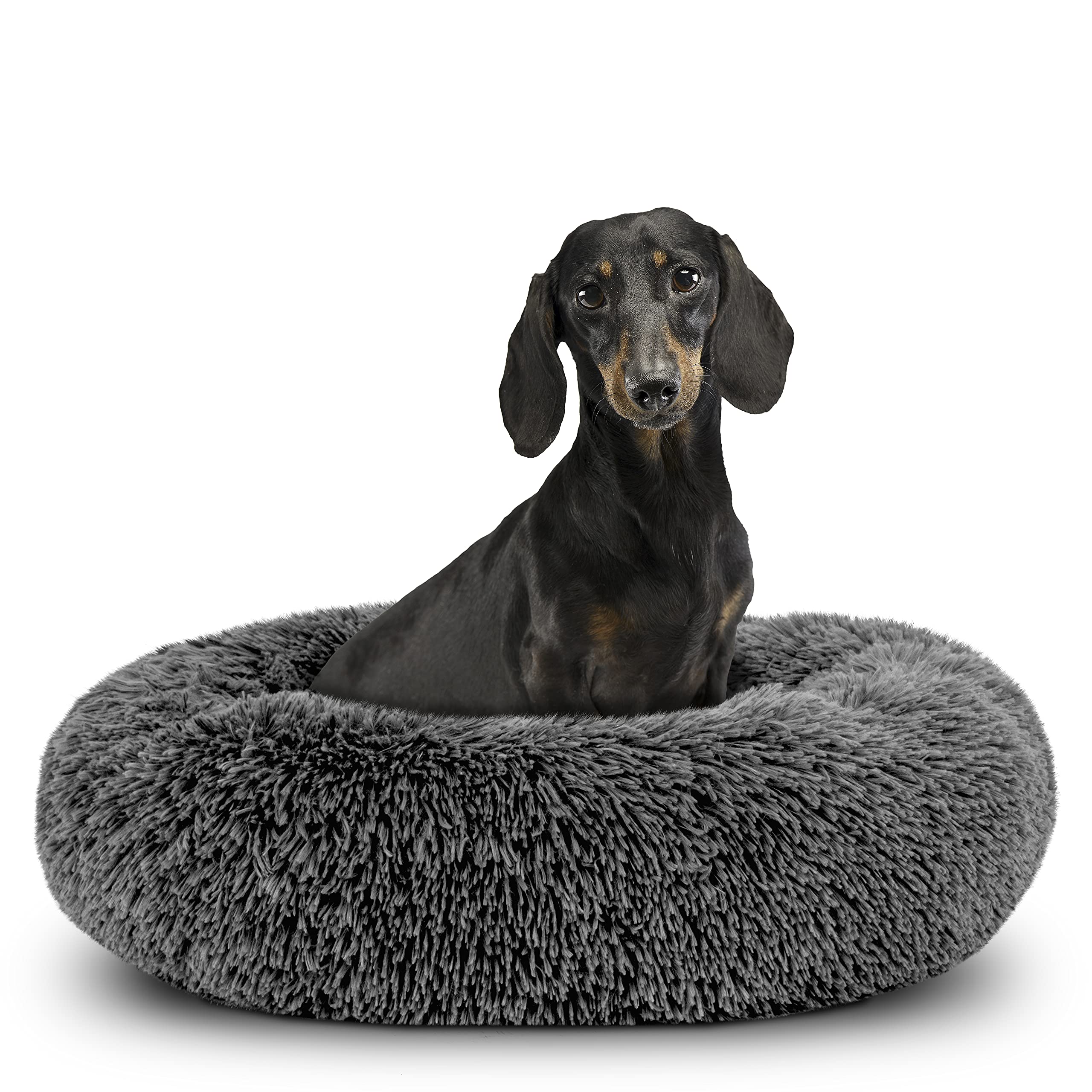The Dog’s Bed Sound Sleep Nest — Plush Round Donut Bed, Dark Grey Fur, Small Beds - 58cm Diameter