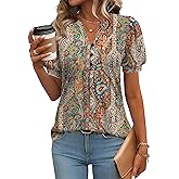 IECCP Womens Tops Puff Short Sleeve Shirts Dressy Casual Henley V-Neck Summer Tops Pleated T-Shirts Loose Fit Tunic Blouses