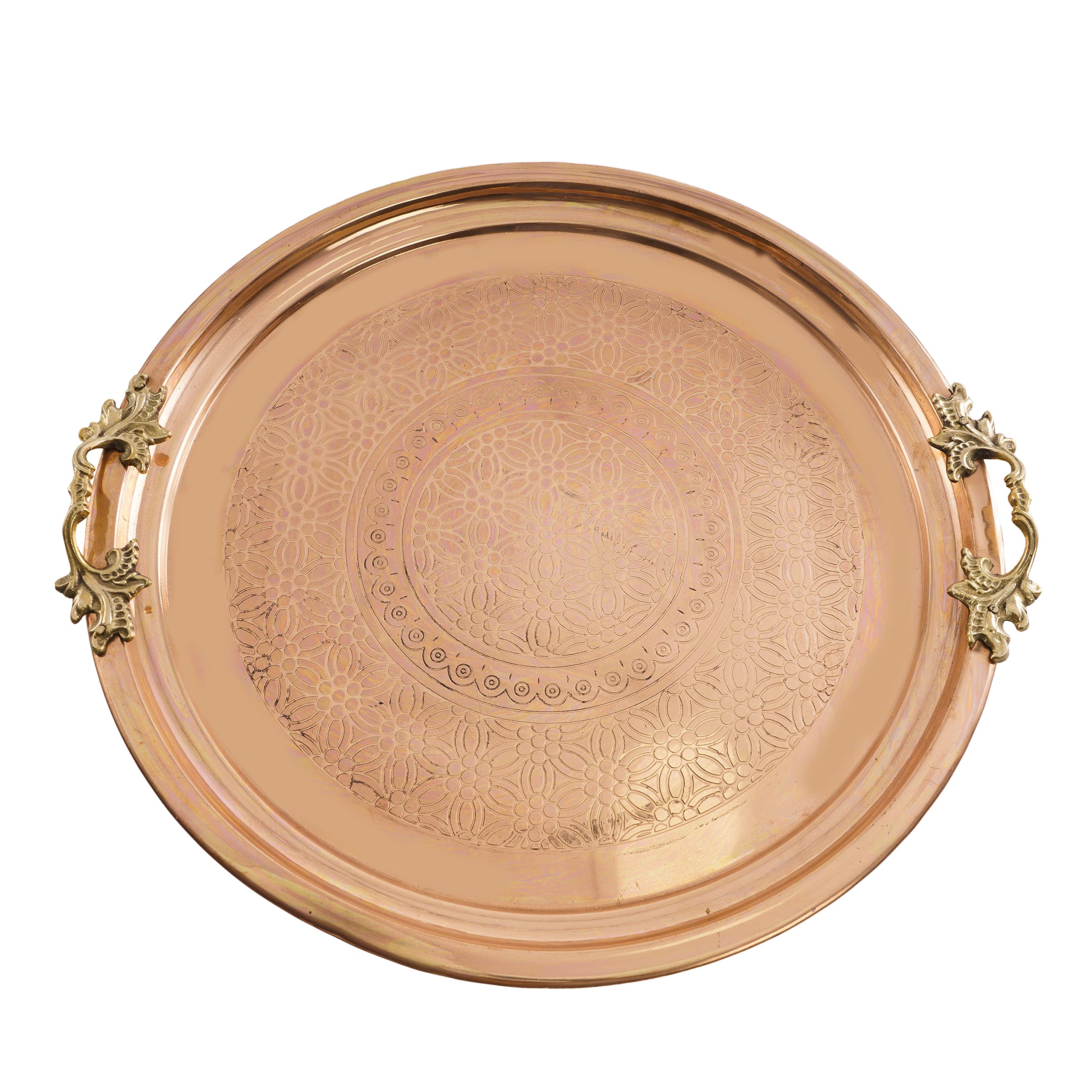 Photo 1 of Traditional Design Handmade Hammered Copper Serving Tray with Brass Handle Large Platters- Decorative Centerpiece Kitchen Multi-Purpose Coffee Table Dinner Breakfast Food Farmhouse- 35.5cm 13.9"