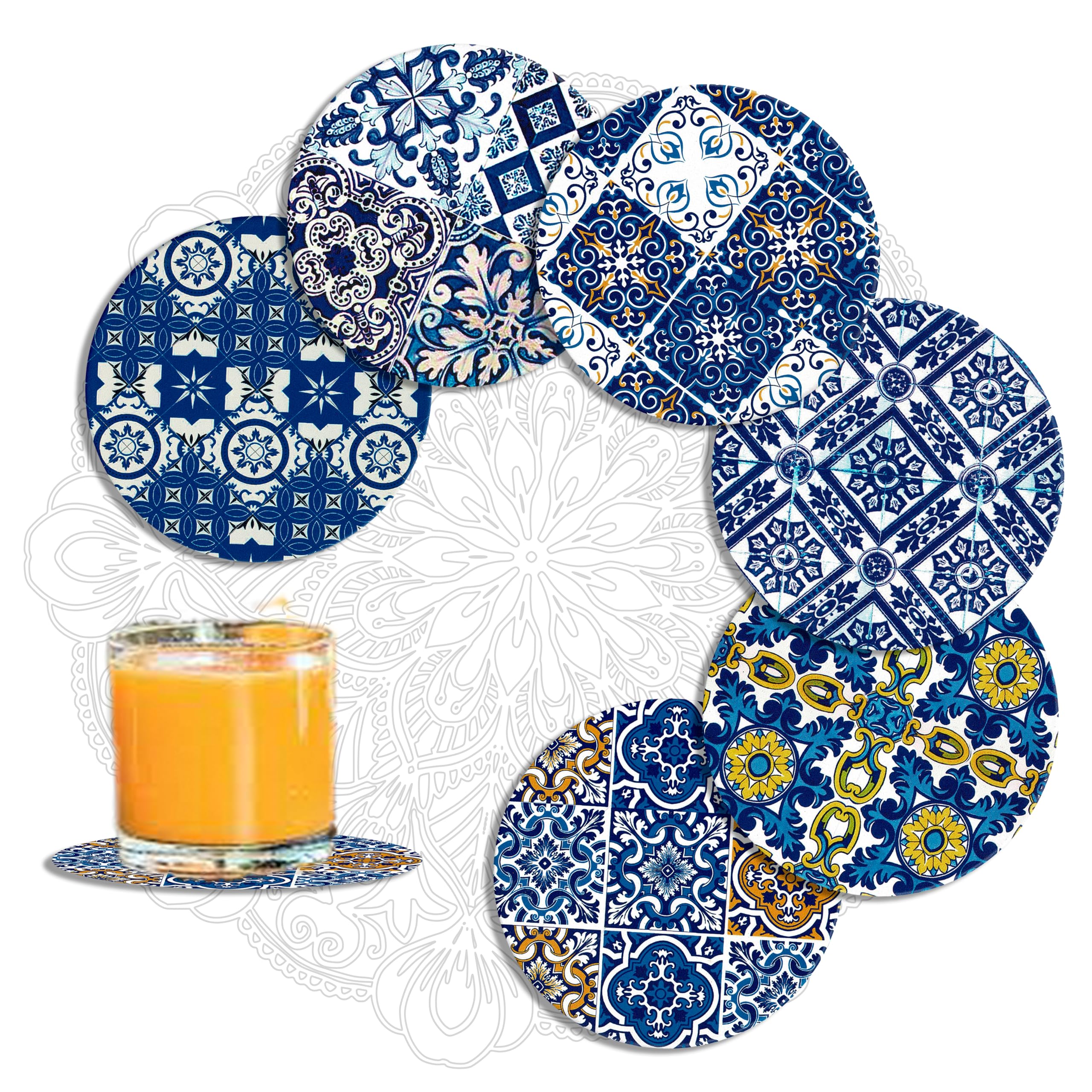 MALANGI Drink Coasters Set of 6 - Ceramic Turkish Coasters - Absorbent Giftable Coaster - Non-Scratch Top & Non-Slip Cork Base (Style 1 Without stand)