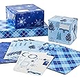 Hallmark Recyclable Flat Wrapping Paper Sheets with Cutlines on Reverse (12 Folded Sheets with Sticker Gift Tags) Winter Blue Plaid, Trees, Snowflakes