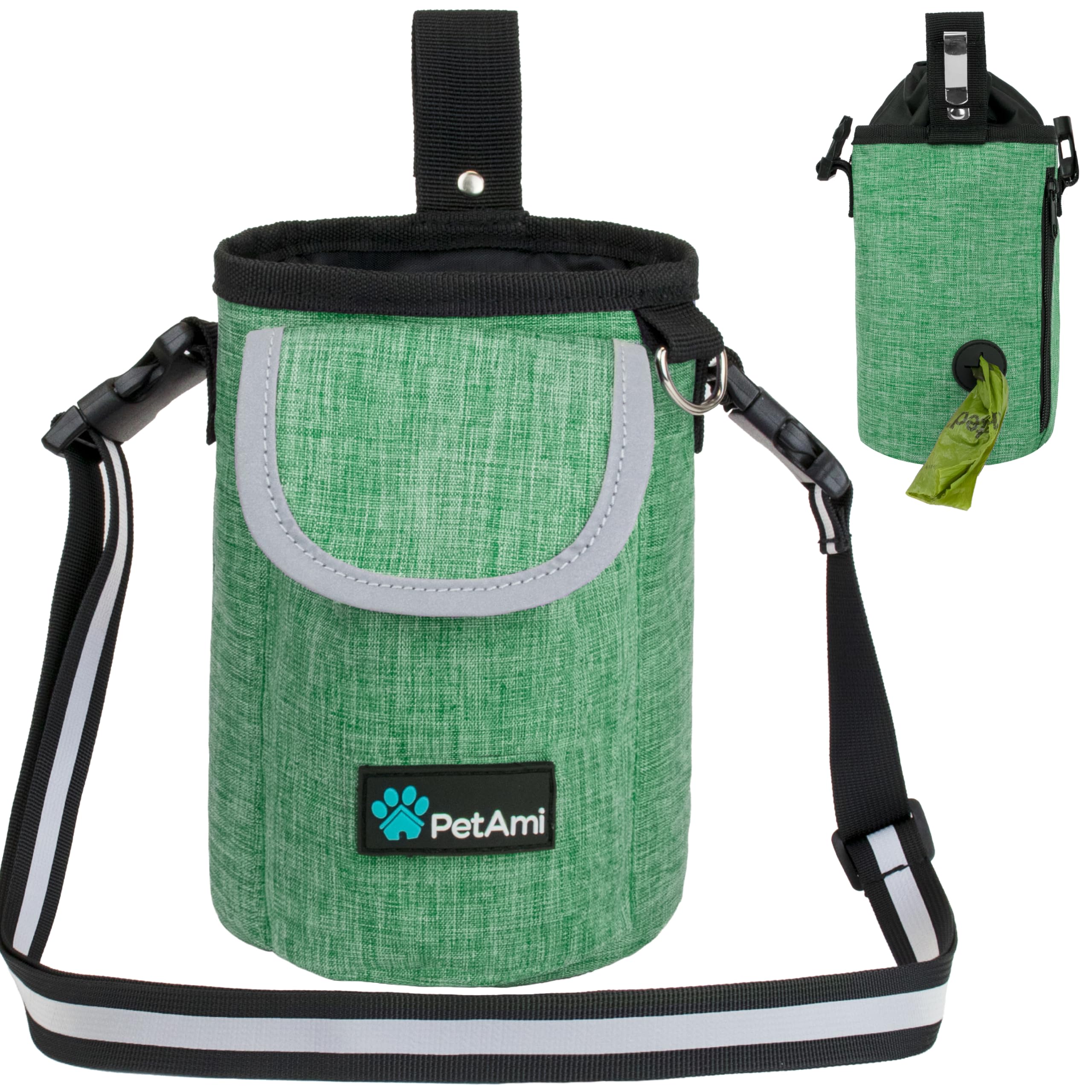 PetAmi Dog Treat Pouch, Large Dog Training Treat Bag with Adjustable Waist Belt, Built-in Poop Bag Dispenser & Multiple Storage Pockets, Hands-Free Dog Walking & Training Accessory (Green)