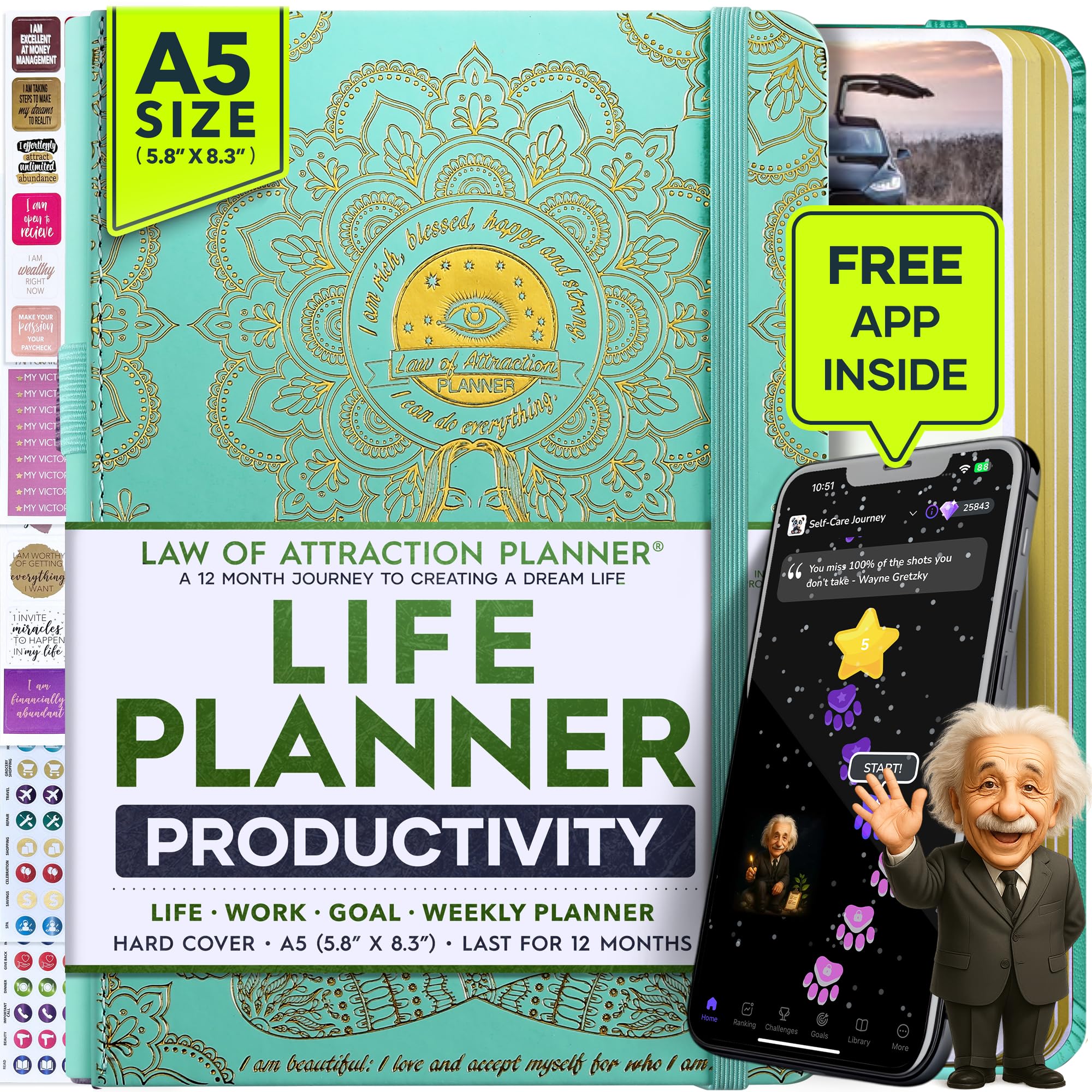 Freedom Mastery - Weekly & Monthly Planner | Gratitude Journal for Woman & Men | Personal Organiser for Productivity & Mental Health | Include Stickers & Foldable Vision Board – A5 (5.8" x 8.3")