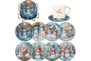 DEMONWER 8 Pieces Christmas Snowman Diamond Coasters with Holder DIY Cute Christmas Snowman Diamond Art Coasters 5d Diamond Coasters for Beginners Adults for Christmas