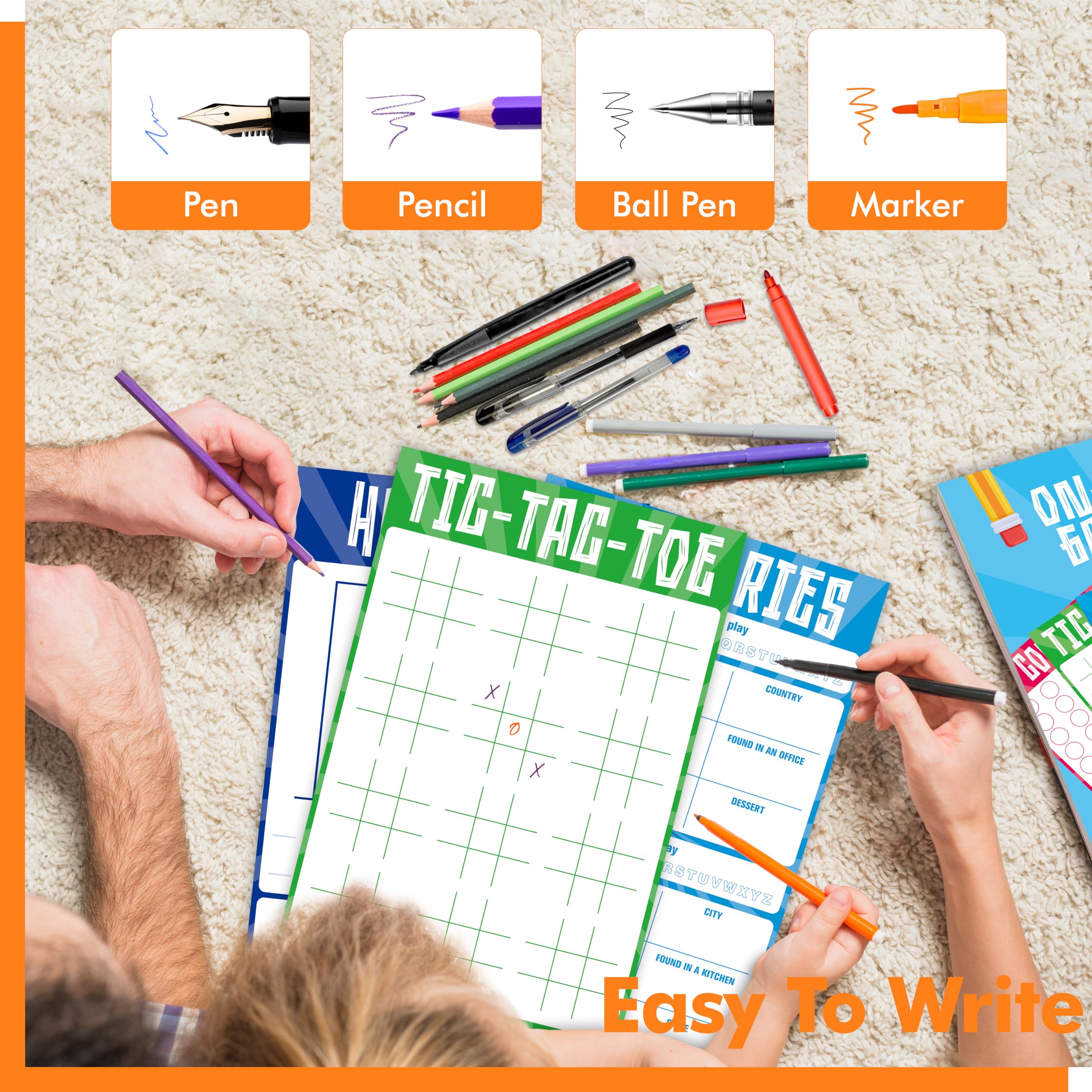 Road Trip Game Pad, 80 Perforated Sheets Travel Activity Pad, 5 Games in 1 Pad, Plane, Car Trip Activity, Pen Pencil & Paper Game for Kids, Adults (6” x 9”)