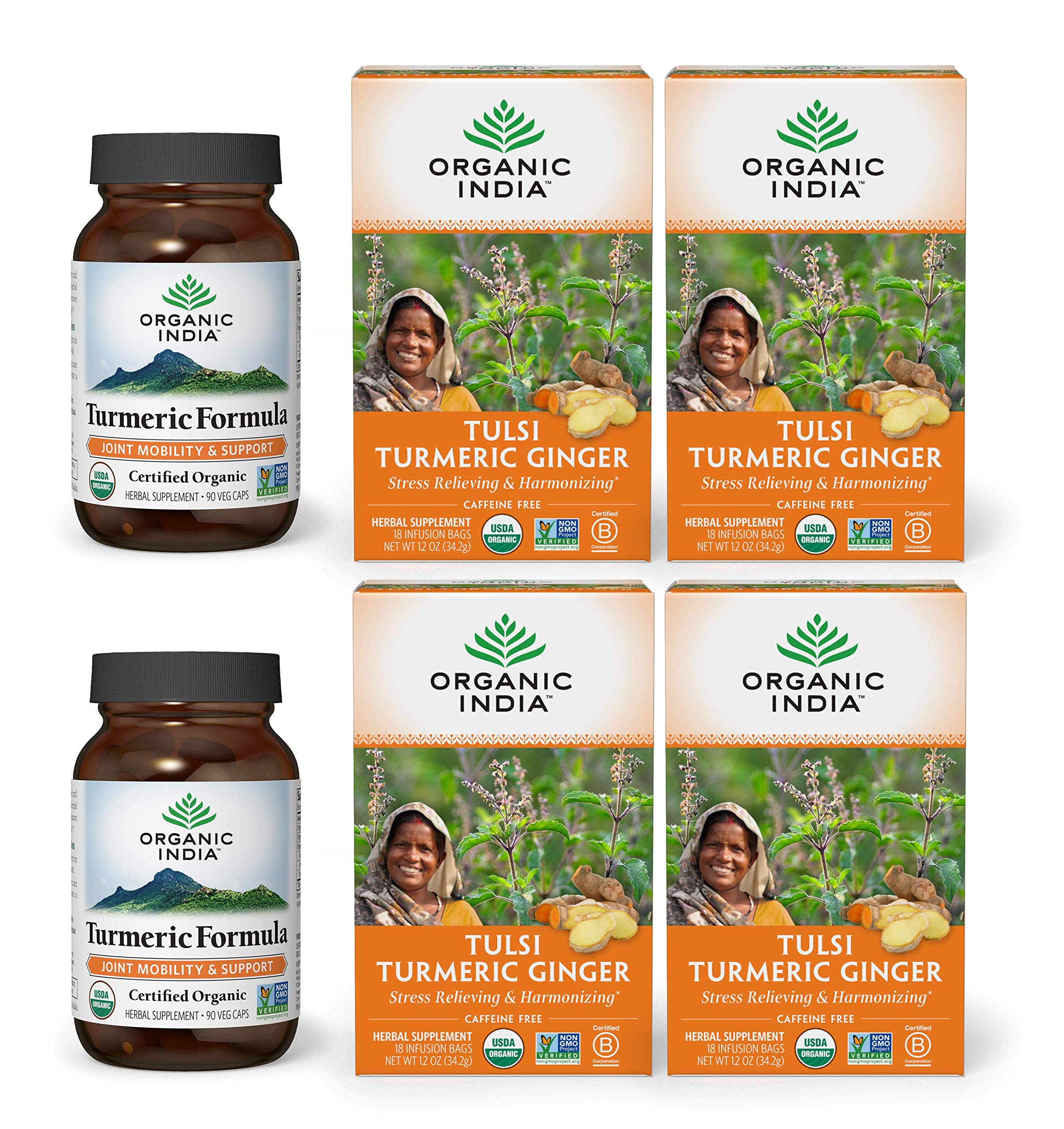 Organic India Turmeric Curcumin Herbal Supplement (90 Capsules, 2 Packs) & Tulsi Turmeric Ginger Her