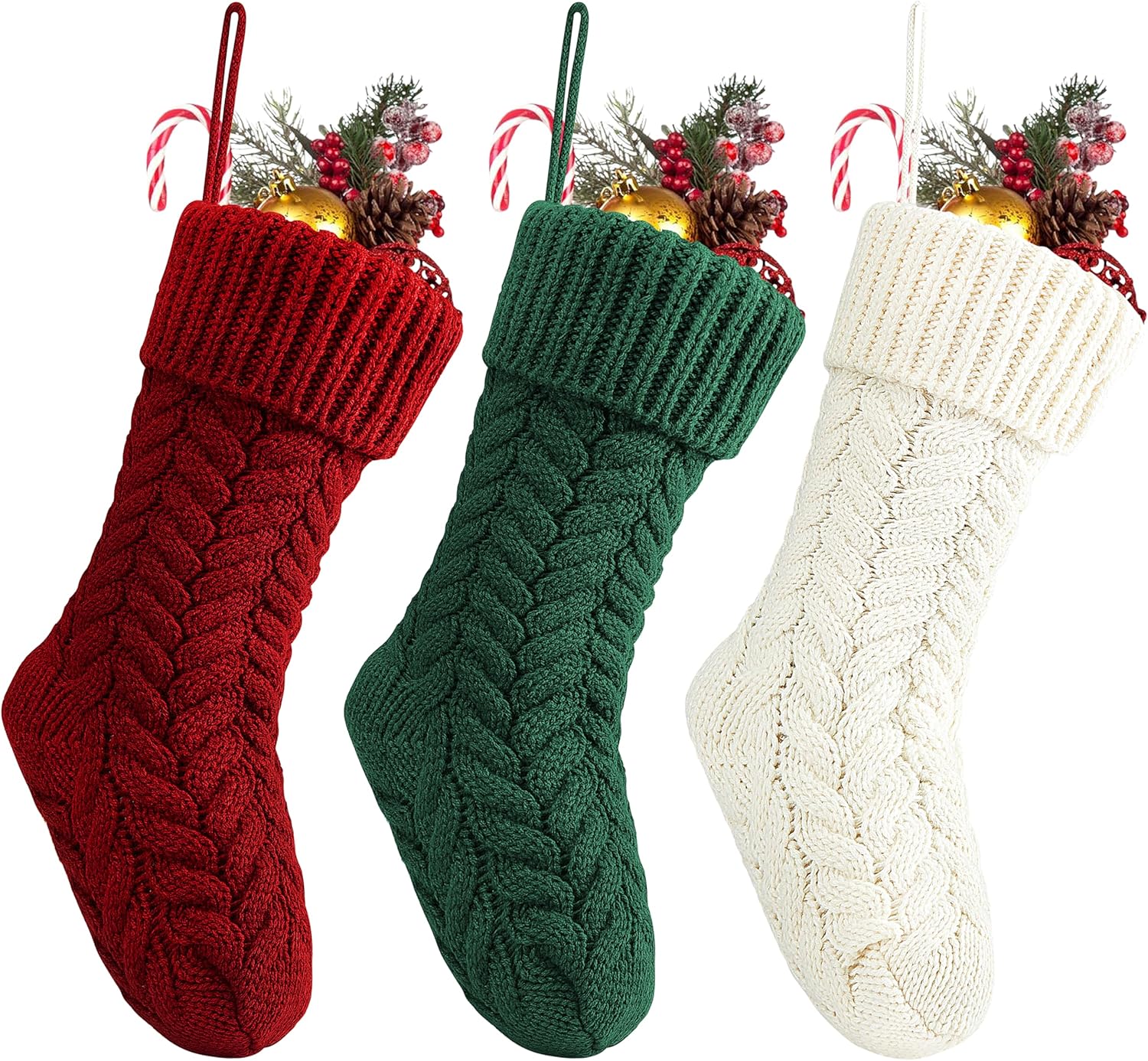 Stockings & Holders - Fesciory 18 Inches Christmas Stockings Bulk, 3 Pack Large Size Cable Knitted Fireplace Hanging Stockings for Family Holiday Xmas Party Decorations, Burgundy&Ivory White&Green