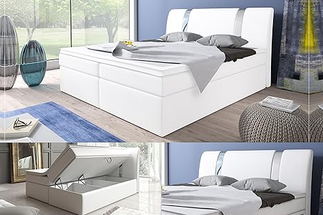 wohnenluxus Boxspringbett Berlin/Supreme / Liftfunktion/Bettkasten / Hotelbett (180 x 200, Weiss Kunstleder)