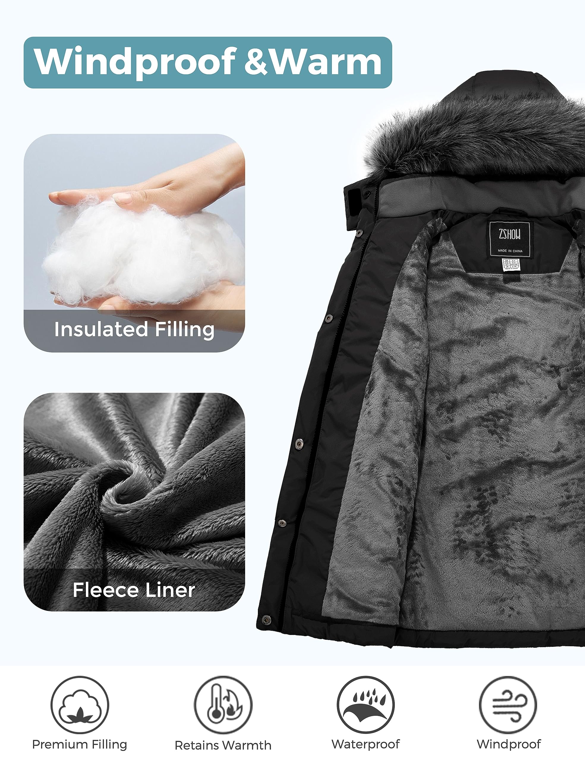 ZSHOW Girls' Winter Coat Insulated Long Quilted Puffer Jacket Warm Hooded Parka Snow Coats