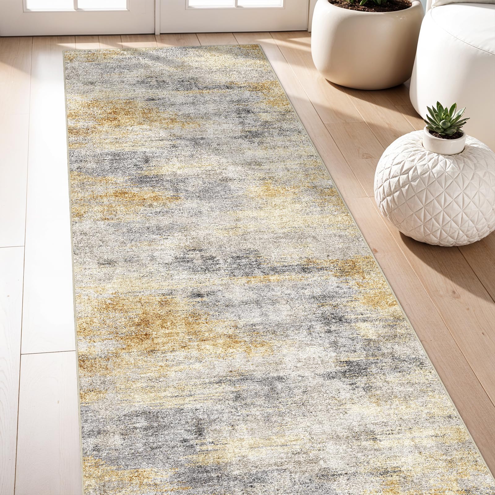 3x7 Washable Kitchen Runner Rug: Modern Abstract Runners for Hallway Soft Non Slip Rugs with Rubber Backing Low Pile Thin Floor Carpet for Entryway Bedroom Bathroom Bedside Indoor(Grey/Yellow,3x7) Image