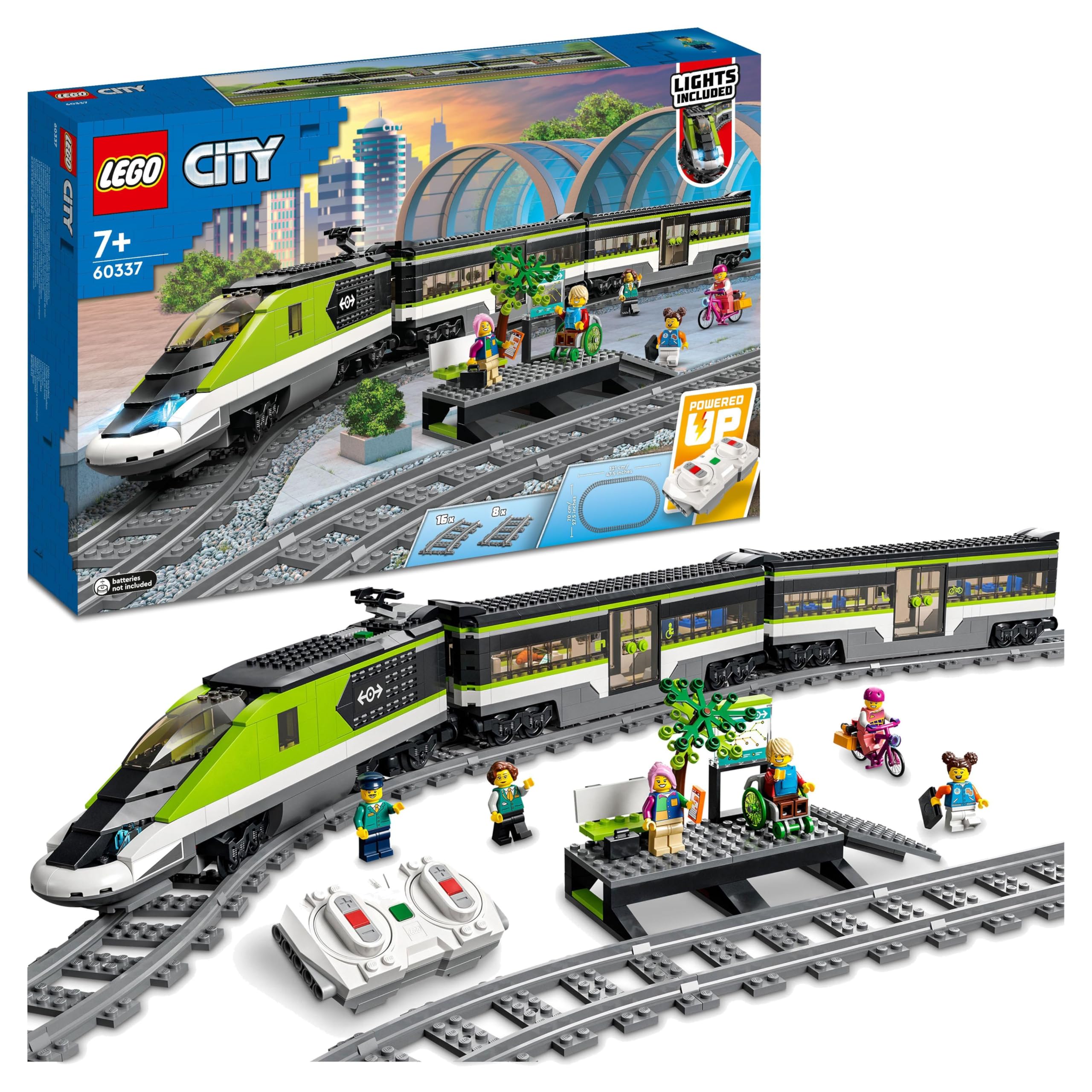 LEGO City Treno Passeggeri Espresso - Include Trenino Giocattolo Telecomandato con Fari Funzionanti, 2 Carrozze, 24 Binari e 6 Minifigure - Regalo per Bambini e Bambine da 7 Anni in su - 60337