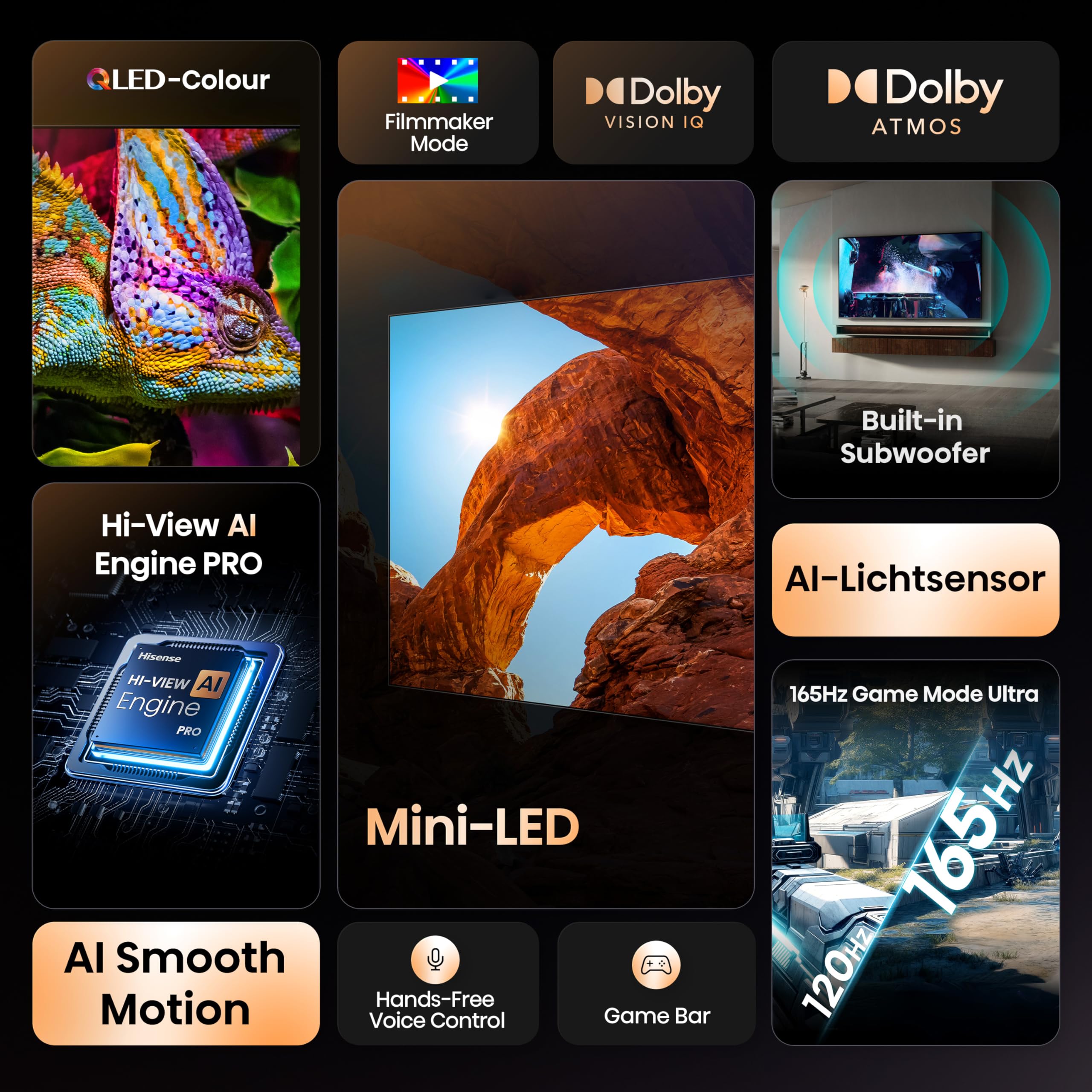 Hisense 100U7Q Fernseher 100 Zoll, 4K Mini LED ULED, Smart TV, Hi-View AI Engine Pro, 165Hz Game Mode Ultra, FreeSync Premium, Built in Subwoofer, Dolby Vision IQ Atmos, Airplay[2025] 3