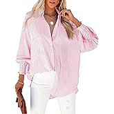 HOTEVE Women's Wrinkle-Resistant Smocked Cuffed Striped Button Shirt with Pocket Oversized Casual Boyfriend Blouse