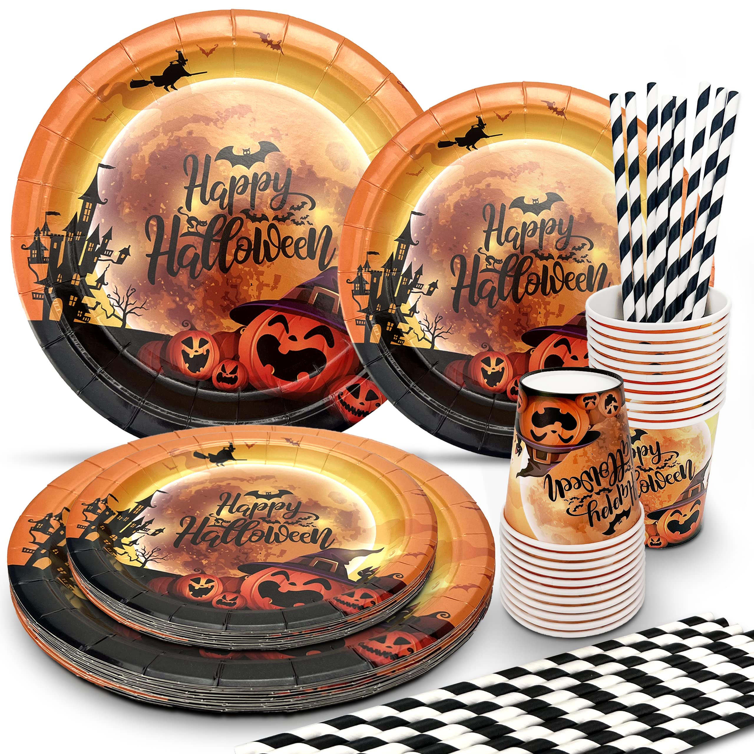 obqo Halloween Party Tableware Set Serves 20 Guests - Halloween Party Paper Plates Cups and Straws for Halloween Bar Home Party Supplies Set