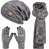 Beanie Hat Scarf Touchscreen Gloves Set for Men and Women, Fleece Lined Warm Winter Beanie Gloves Long Neck Warmer Set